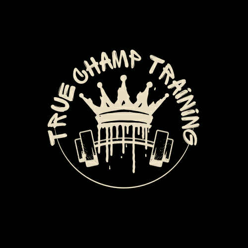 Logo for 'True Champ Training' with a crown and weights on a black background